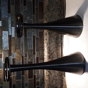 2 Large Piller Candle Stick Holders Gun Metal Chrome 12" & 10" x 3 1/2"
